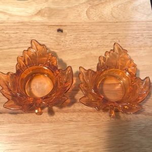 2 Orange Brownish Leaves Glass Tealight Holders